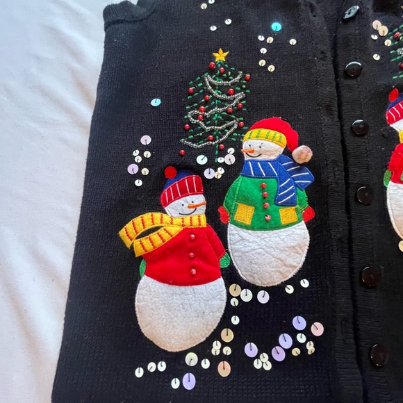 Kim Rogers Black Sequin Snowman Holiday Cardigan Vest - Picture 2 of 5